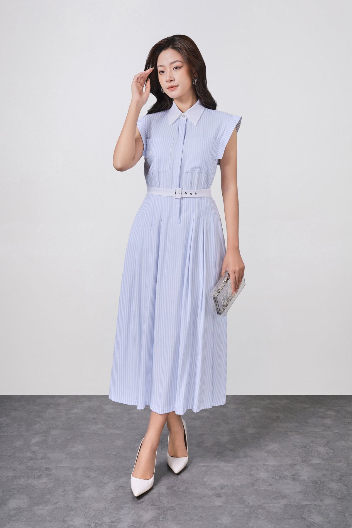 FDC33959 - Đầm công sở vải thô kẻ mỏng dáng ôm cổ bẻ tay chờm eo váy phối dây lưng tạo kiểu cài khuy thân trước - PANTIO