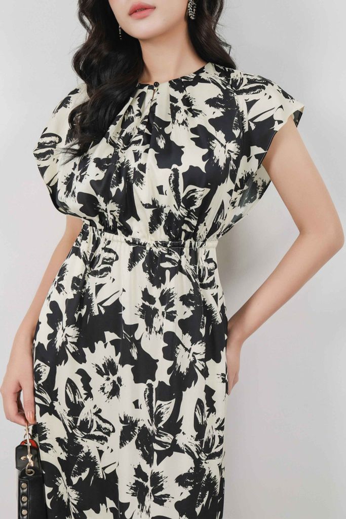 FDC34069 - Đầm công sở vải lụa dáng suông có lót vải habutai eo bo chun tạo kiểu cổ tròn nếp nhún vai chờm - PANTIO