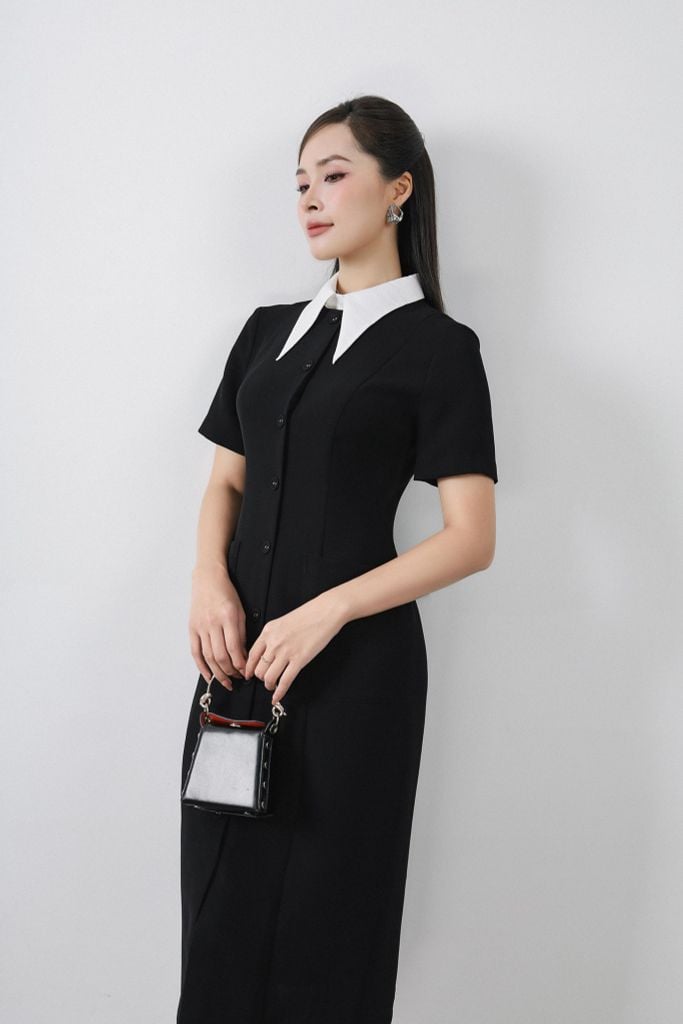 FDC34169 - Đầm công sở vải phi cát dáng bút chì cổ đức tháo rời thân váy đính khuy bọc trang trí có túi váy bên hông khóa thân sau - PANTIO
