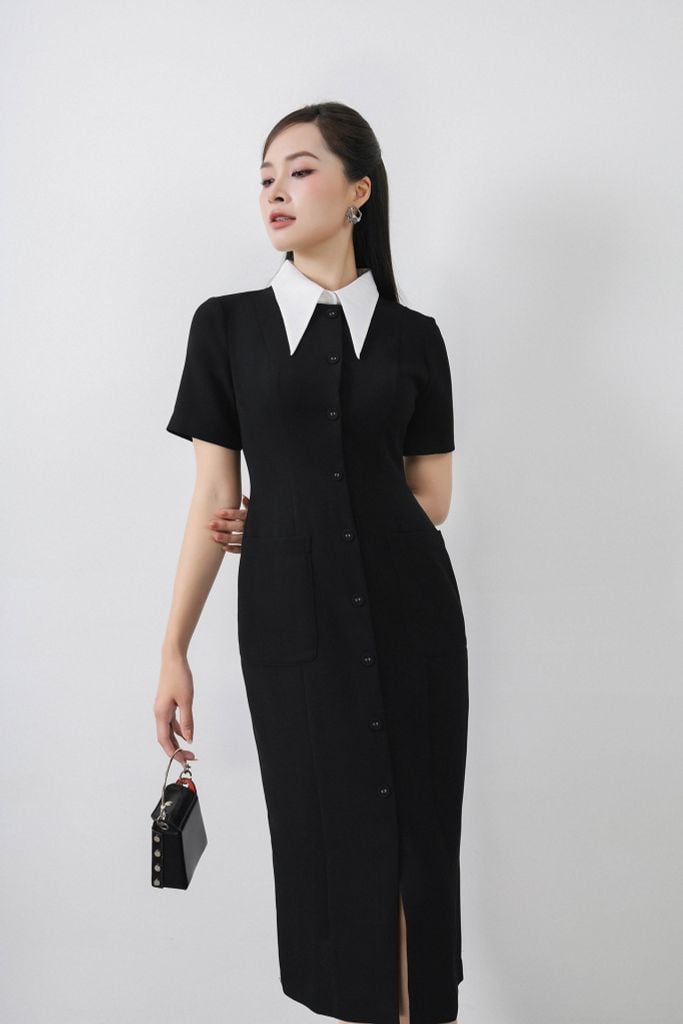 FDC34169 - Đầm công sở vải phi cát dáng bút chì cổ đức tháo rời thân váy đính khuy bọc trang trí có túi váy bên hông khóa thân sau - PANTIO