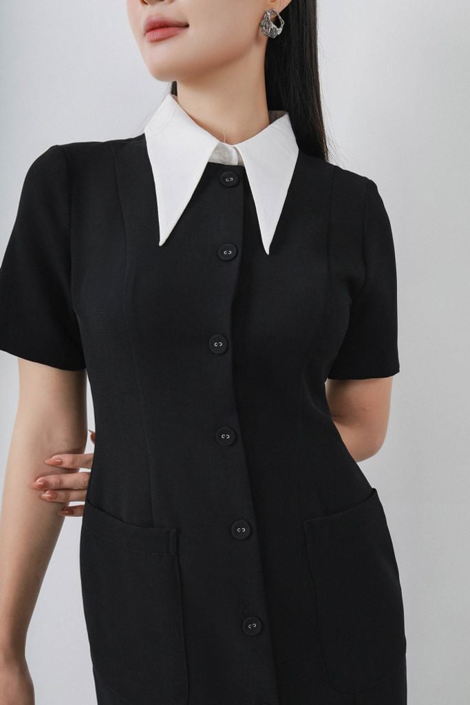 FDC34169 - Đầm công sở vải phi cát dáng bút chì cổ đức tháo rời thân váy đính khuy bọc trang trí có túi váy bên hông khóa thân sau - PANTIO