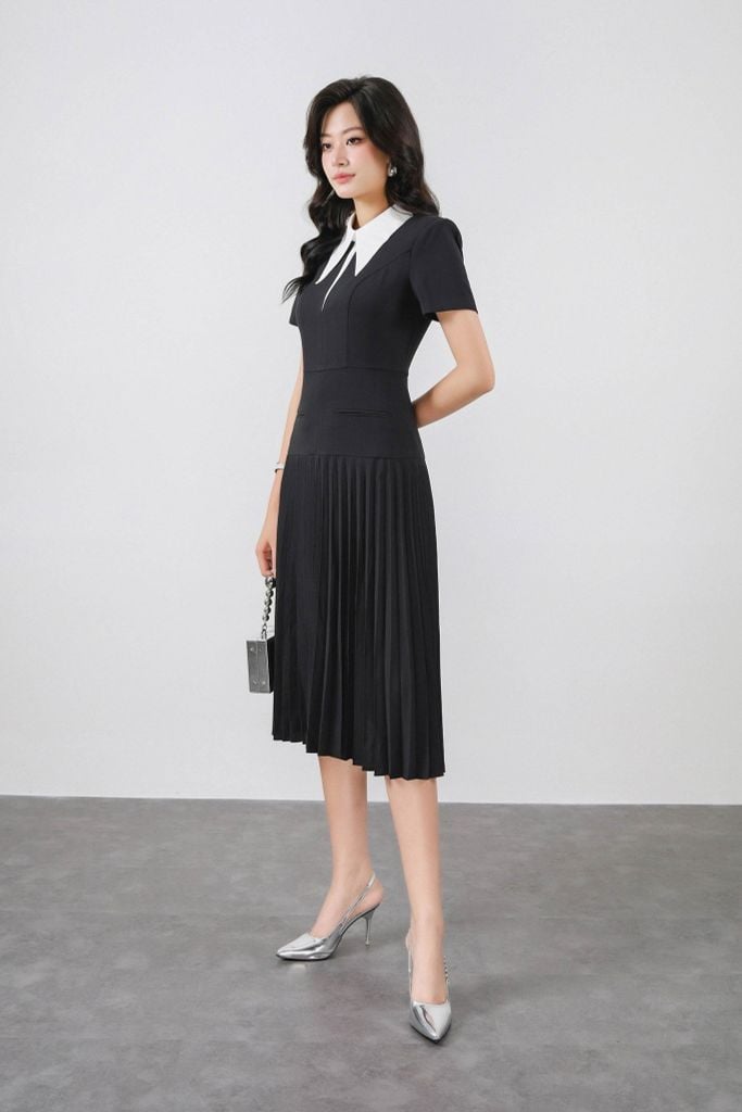 FDC34186 - Đầm công sở vải thô đũi dáng ôm cổ đức eo đáp cạp bản to thân váy xếp ly tạo kiểu khoá thân sau - PANTIO