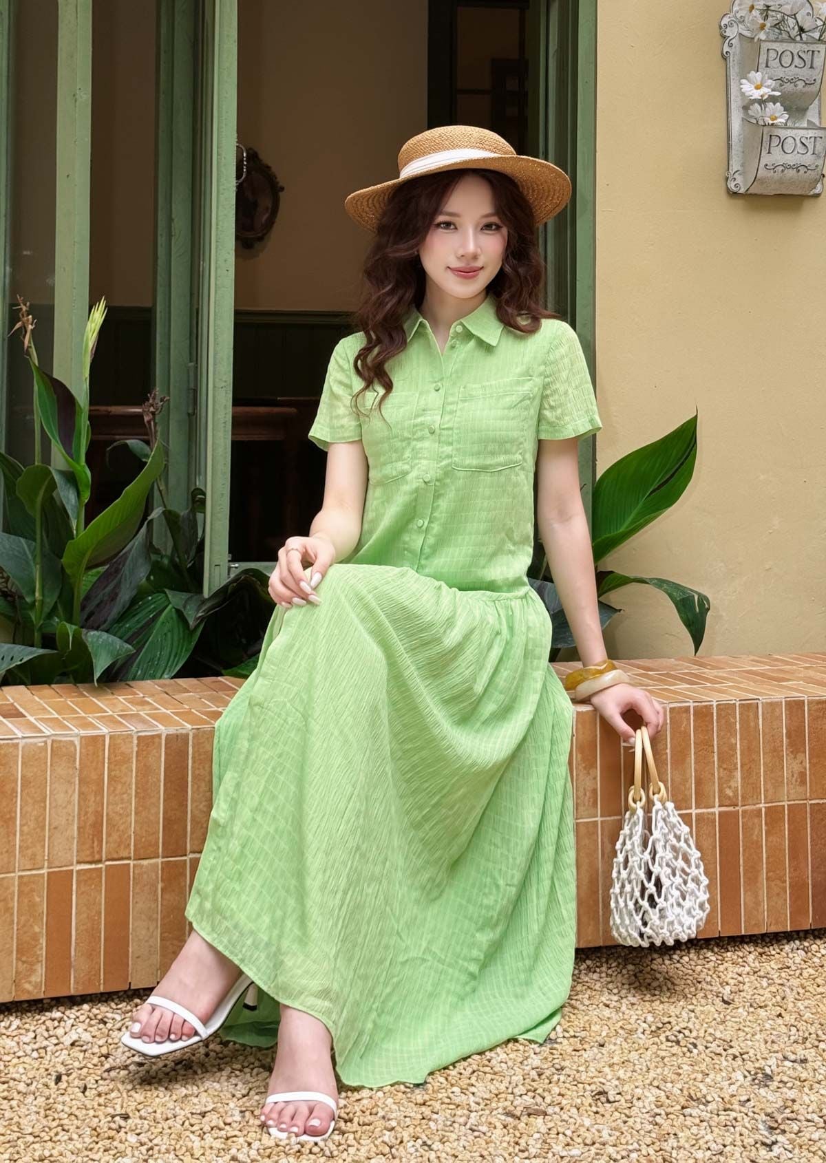 FDC34192 - tỷ lệ kèo 8899 vải chiffon xốp dáng suông cổ đức tay ngắn thân váy xếp nhún tạo xoè cài khuy thân trước - tỷ lệ kèo 8899