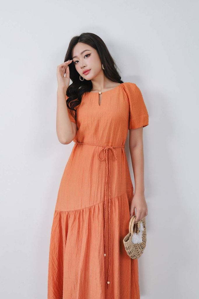 FDC35008 - Đầm công sở vải thô mỏng dáng suông cổ tròn tay bồng nhẹ eo phối dây đai thắt tạo kiểu - PANTIO