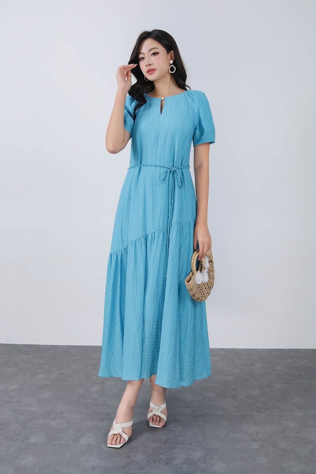 FDC35008 - Đầm công sở vải thô mỏng dáng suông cổ tròn tay bồng nhẹ eo phối dây đai thắt tạo kiểu - PANTIO