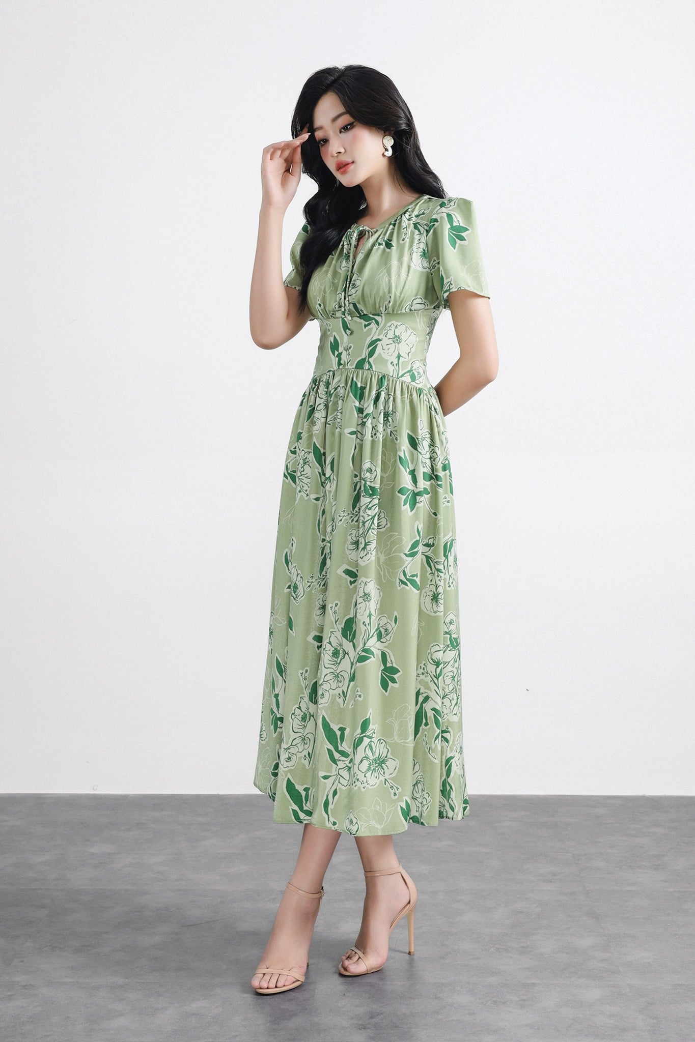 FDC35029 - Đầm công sở vải lụa mỏng cổ trong phối dây thắt nơ tay bồng nhẹ eo phối cạp tạo kiểu khóa thân sau - PANTIO