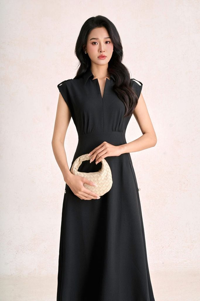 FDC35278 - Đầm công sở vải thô đũi dáng ôm cổ xẻ V vai chờm đính phụ kiện thời trang khoá thân sau - PANTIO
