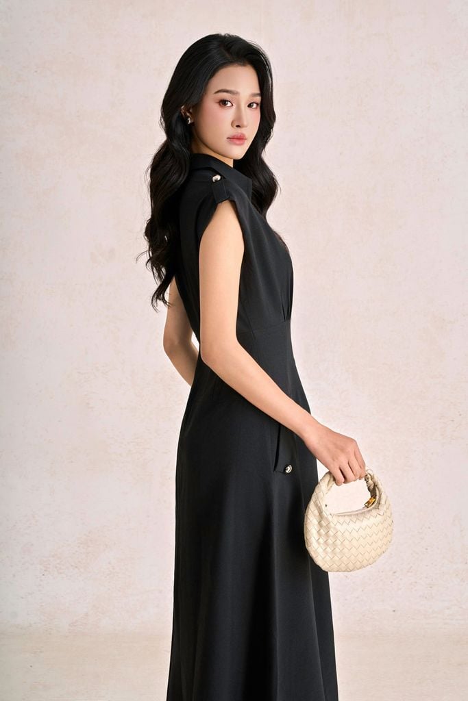 FDC35278 - Đầm công sở vải thô đũi dáng ôm cổ xẻ V vai chờm đính phụ kiện thời trang khoá thân sau - PANTIO