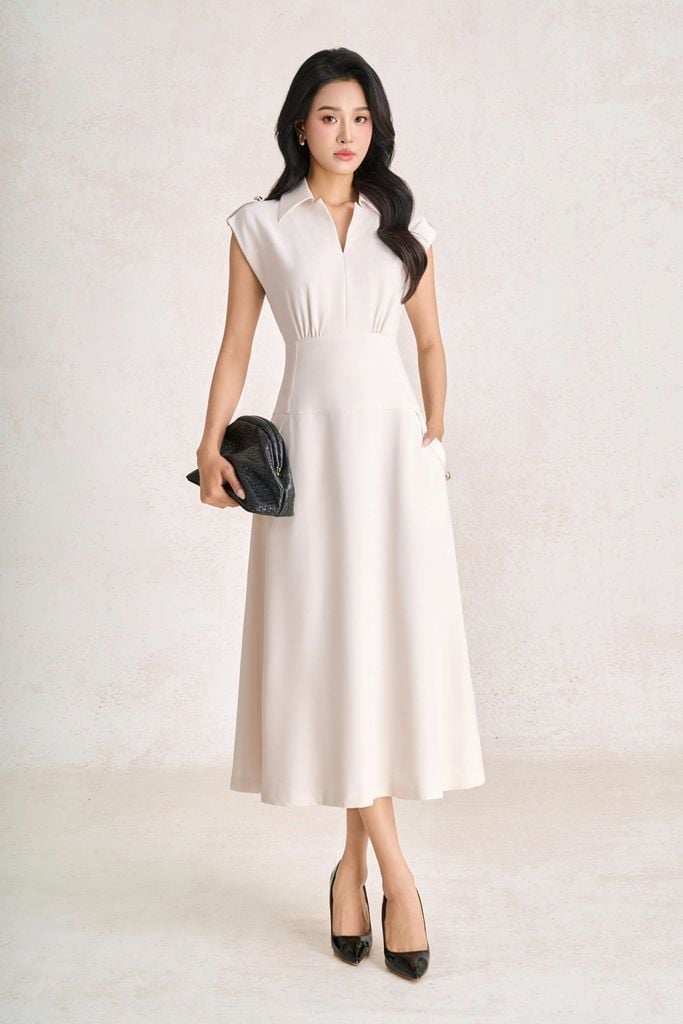 FDC35278 - Đầm công sở vải thô đũi dáng ôm cổ xẻ V vai chờm đính phụ kiện thời trang khoá thân sau - PANTIO