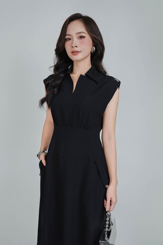 FDC35278 - Đầm công sở vải thô đũi dáng ôm cổ xẻ V vai chờm đính phụ kiện thời trang khoá thân sau - PANTIO