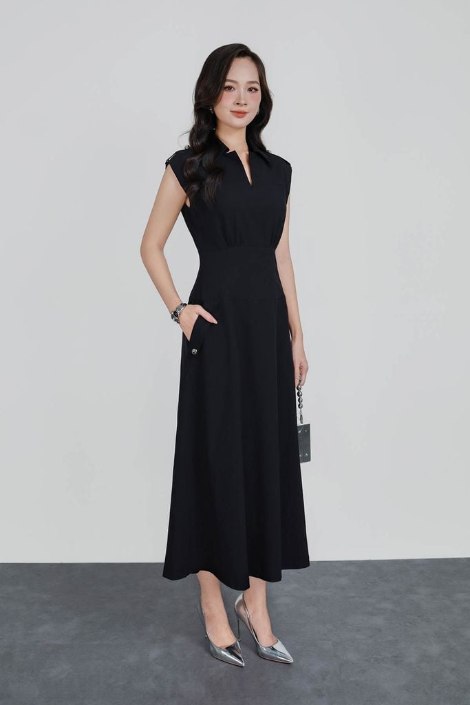 FDC35278 - Đầm công sở vải thô đũi dáng ôm cổ xẻ V vai chờm đính phụ kiện thời trang khoá thân sau - PANTIO