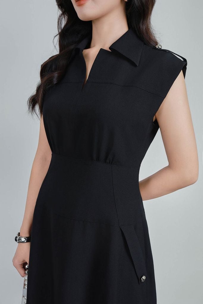 FDC35278 - Đầm công sở vải thô đũi dáng ôm cổ xẻ V vai chờm đính phụ kiện thời trang khoá thân sau - PANTIO