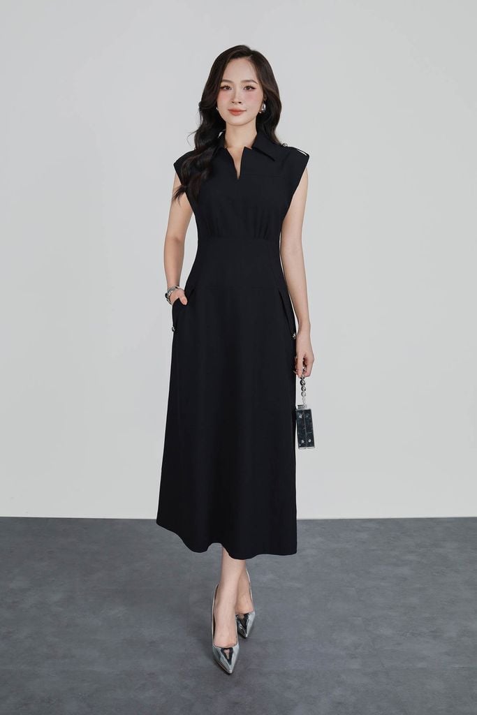 FDC35278 - Đầm công sở vải thô đũi dáng ôm cổ xẻ V vai chờm đính phụ kiện thời trang khoá thân sau - PANTIO