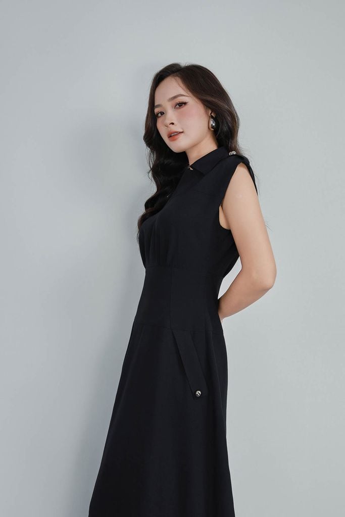 FDC35278 - Đầm công sở vải thô đũi dáng ôm cổ xẻ V vai chờm đính phụ kiện thời trang khoá thân sau - PANTIO