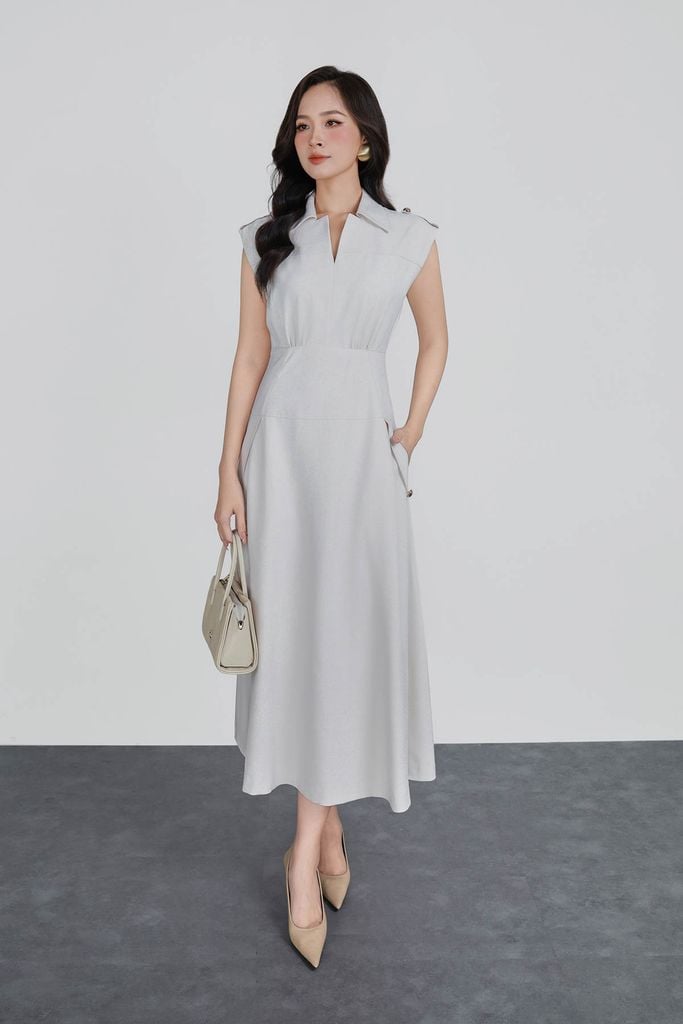 FDC35278 - Đầm công sở vải thô đũi dáng ôm cổ xẻ V vai chờm đính phụ kiện thời trang khoá thân sau - PANTIO