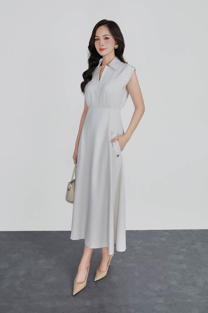 FDC35278 - Đầm công sở vải thô đũi dáng ôm cổ xẻ V vai chờm đính phụ kiện thời trang khoá thân sau - PANTIO