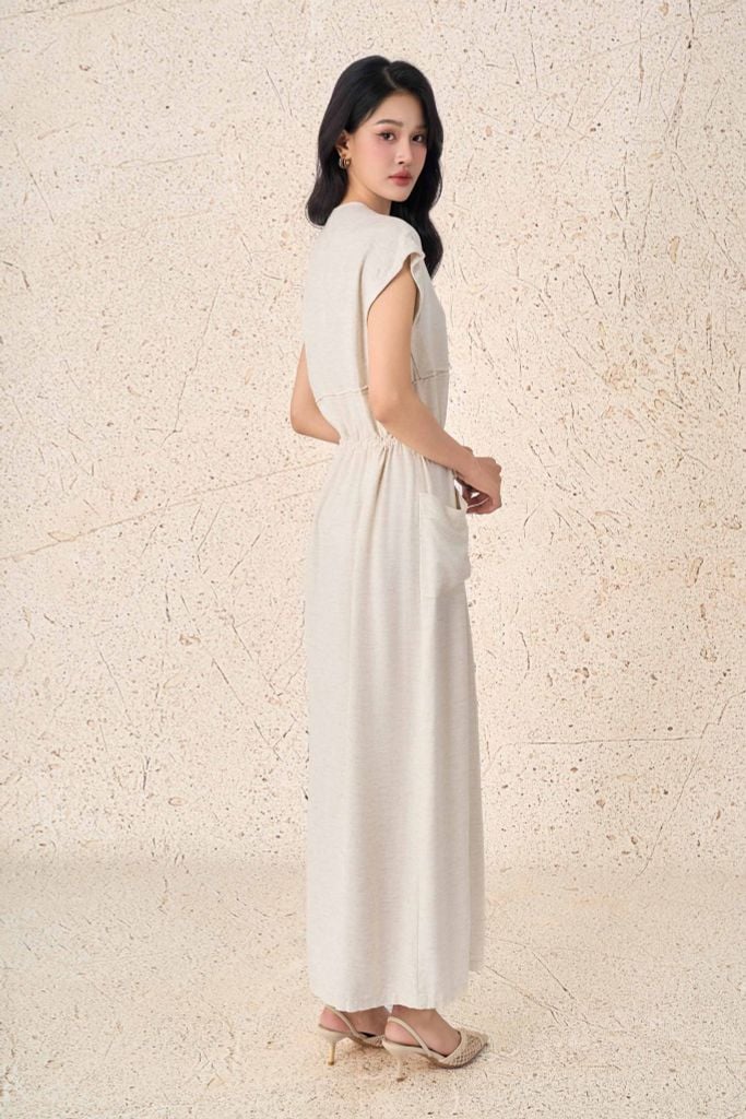 FDC35293 - Đầm công sở vải linen dáng suông cổ xẻ V vai chờm eo váy rút chun tạo kiểu thân váy có túi - PANTIO