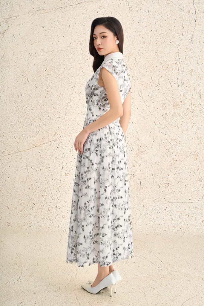 FDC35298 - Đầm công sở vải ren hoa dáng ôm cổ đức tay chờm eo ôm thân váy xoè chữ A thời trang khoá thân sau - PANTIO