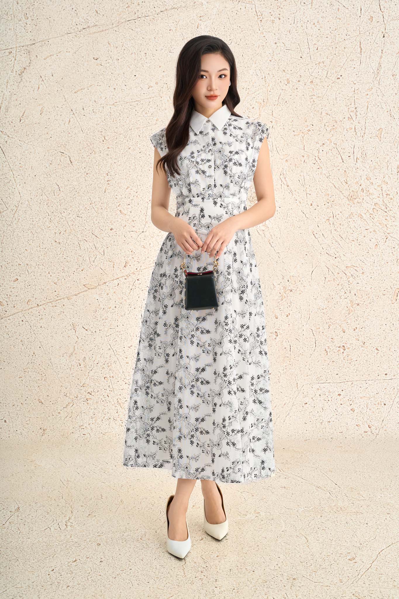 FDC35298 - Đầm công sở vải ren hoa dáng ôm cổ đức tay chờm eo ôm thân váy xoè chữ A thời trang khoá thân sau - PANTIO