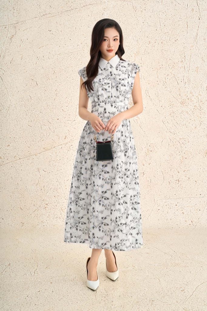 FDC35298 - Đầm công sở vải ren hoa dáng ôm cổ đức tay chờm eo ôm thân váy xoè chữ A thời trang khoá thân sau - PANTIO