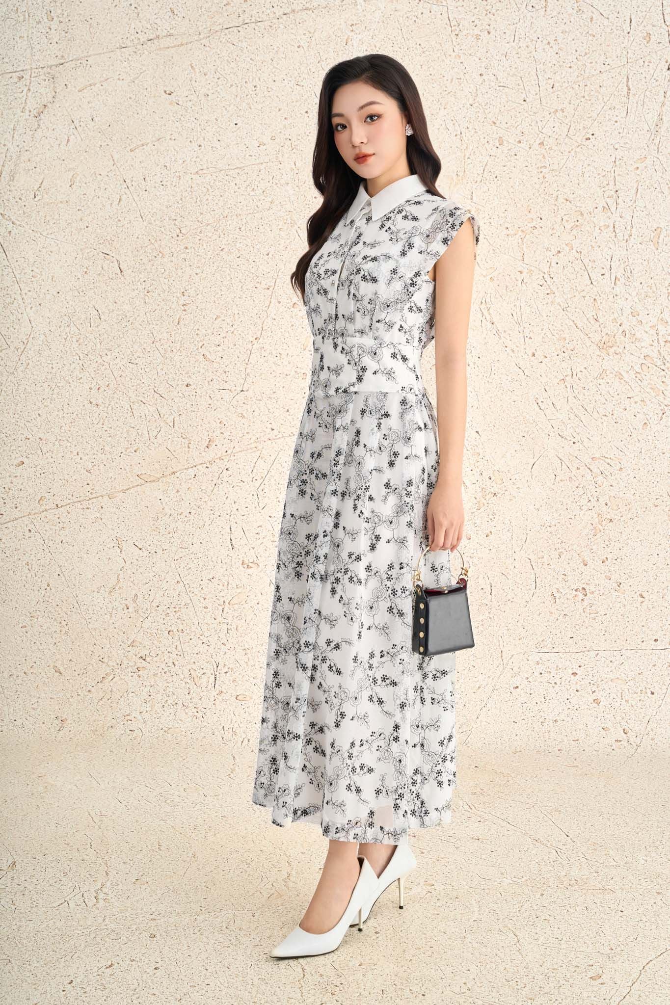 FDC35298 - Đầm công sở vải ren hoa dáng ôm cổ đức tay chờm eo ôm thân váy xoè chữ A thời trang khoá thân sau - PANTIO