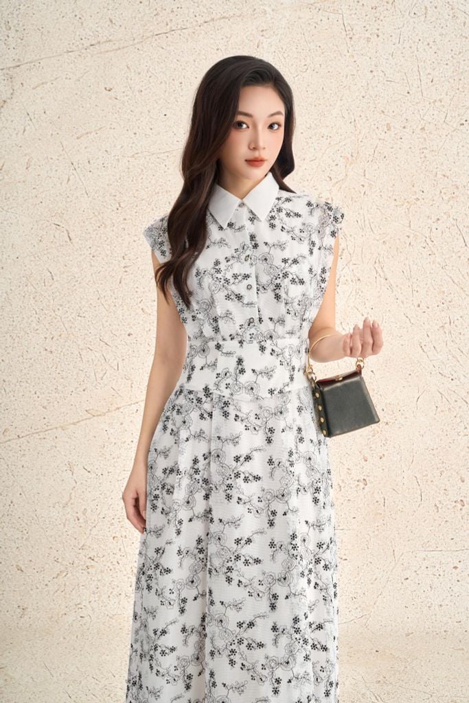 FDC35298 - Đầm công sở vải ren hoa dáng ôm cổ đức tay chờm eo ôm thân váy xoè chữ A thời trang khoá thân sau - PANTIO
