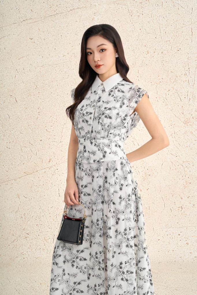 FDC35298 - Đầm công sở vải ren hoa dáng ôm cổ đức tay chờm eo ôm thân váy xoè chữ A thời trang khoá thân sau - PANTIO