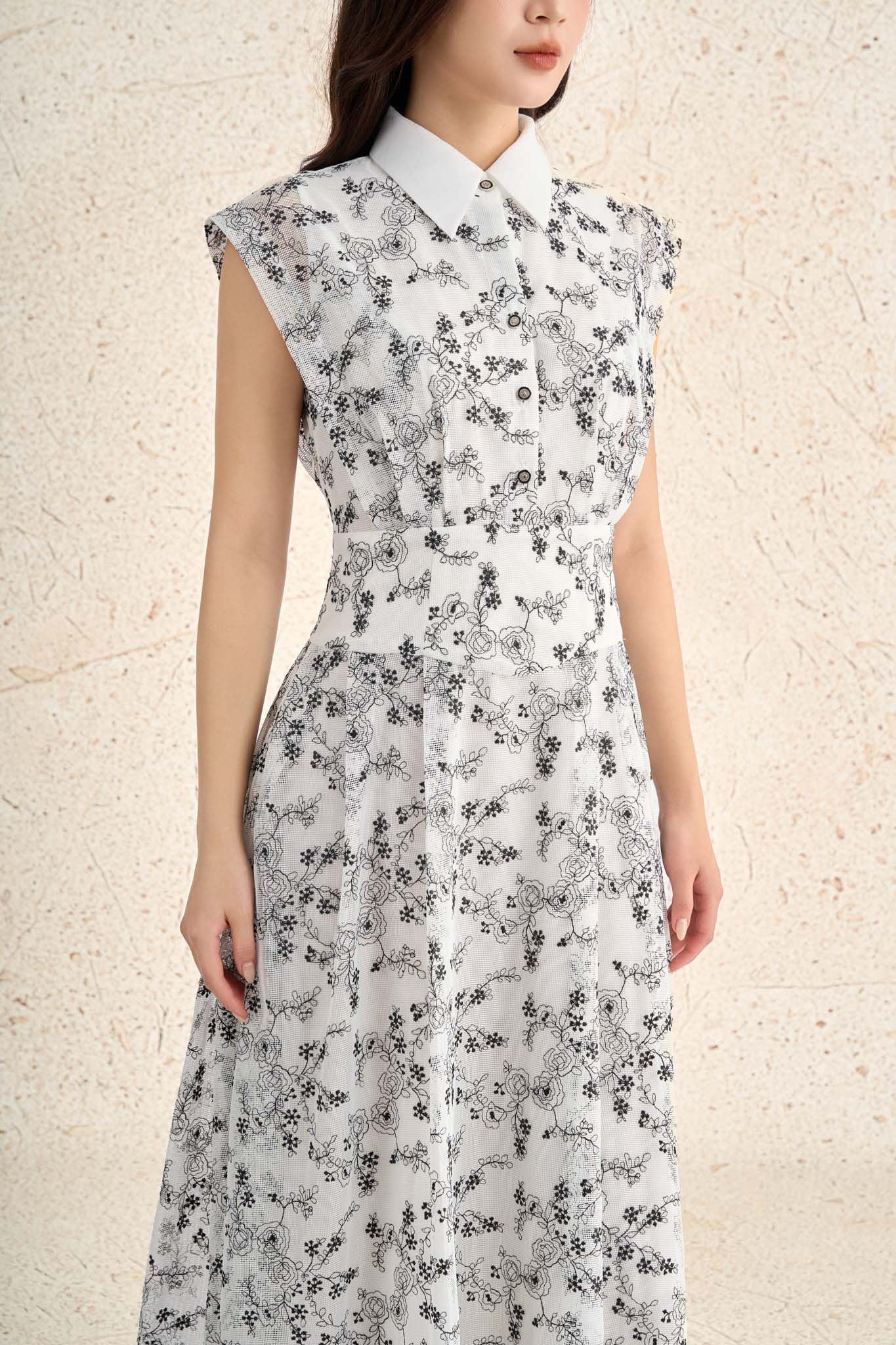 FDC35298 - Đầm công sở vải ren hoa dáng ôm cổ đức tay chờm eo ôm thân váy xoè chữ A thời trang khoá thân sau - PANTIO