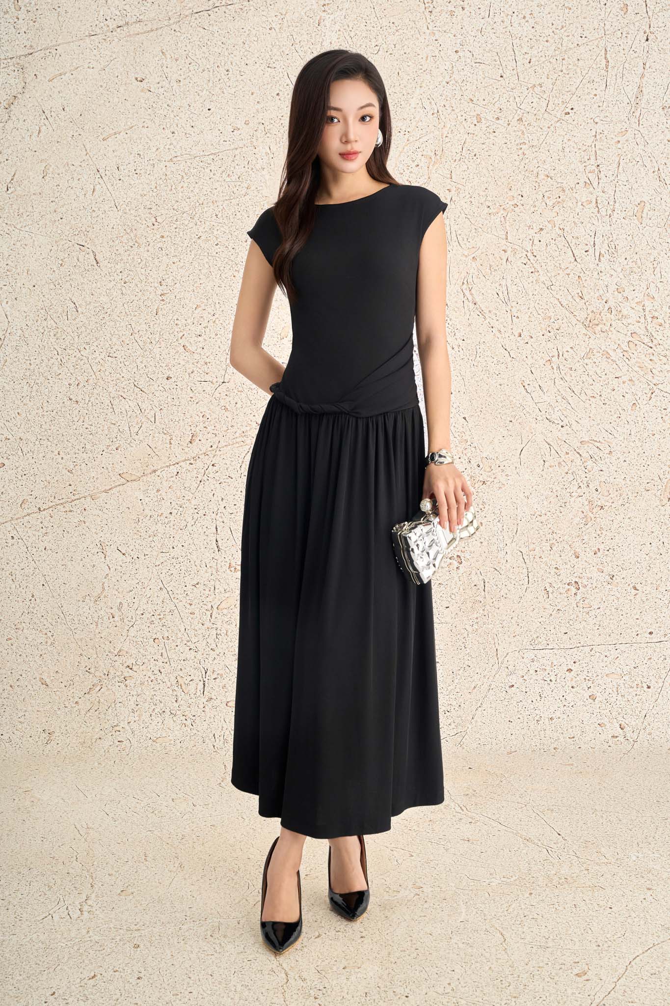 FDC35299 - Đầm công sở vải len dáng ôm cổ tròn tay chờm eo váy phối vạt tạo kiểu thân váy xếp nhún tạo xoè - PANTIO