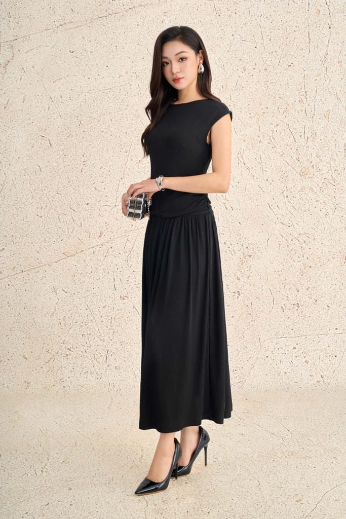 FDC35299 - Đầm công sở vải len dáng ôm cổ tròn tay chờm eo váy phối vạt tạo kiểu thân váy xếp nhún tạo xoè - PANTIO