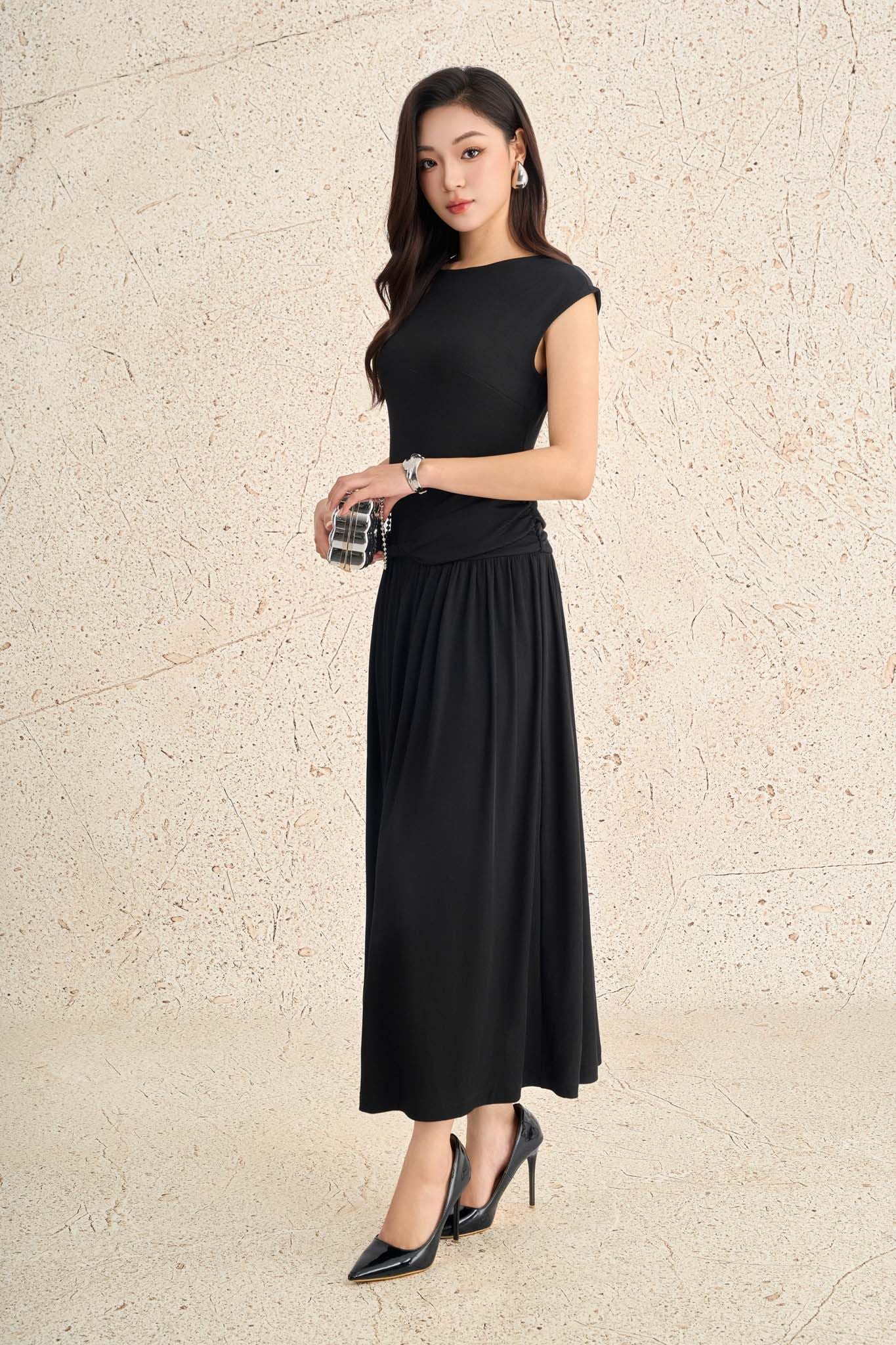 FDC35299 - Đầm công sở vải len dáng ôm cổ tròn tay chờm eo váy phối vạt tạo kiểu thân váy xếp nhún tạo xoè - PANTIO