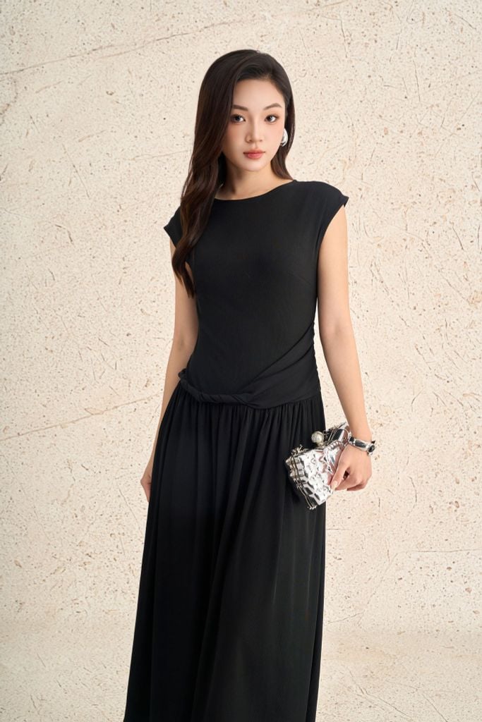 FDC35299 - Đầm công sở vải len dáng ôm cổ tròn tay chờm eo váy phối vạt tạo kiểu thân váy xếp nhún tạo xoè - PANTIO