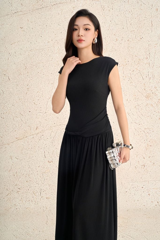 FDC35299 - Đầm công sở vải len dáng ôm cổ tròn tay chờm eo váy phối vạt tạo kiểu thân váy xếp nhún tạo xoè - PANTIO