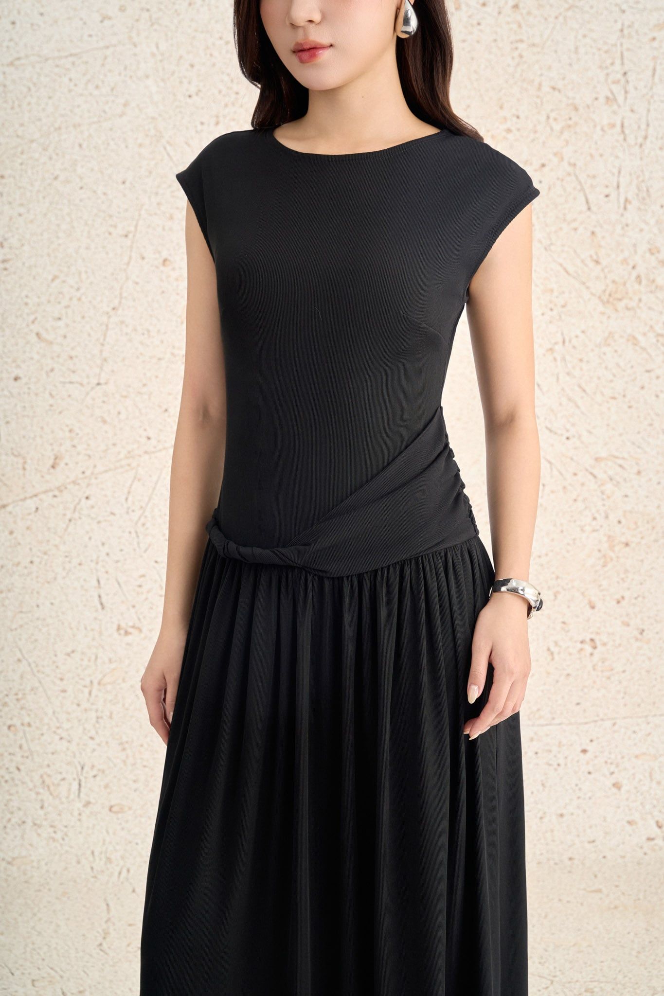 FDC35299 - Đầm công sở vải len dáng ôm cổ tròn tay chờm eo váy phối vạt tạo kiểu thân váy xếp nhún tạo xoè - PANTIO