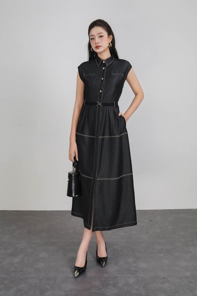 FDC35312 - Đầm công sở vải demin dáng ôm cổ đức tay chờm thân váy phối đường viền chỉ cài khuy thân trước lưng bo chun co giãn - PANTIO