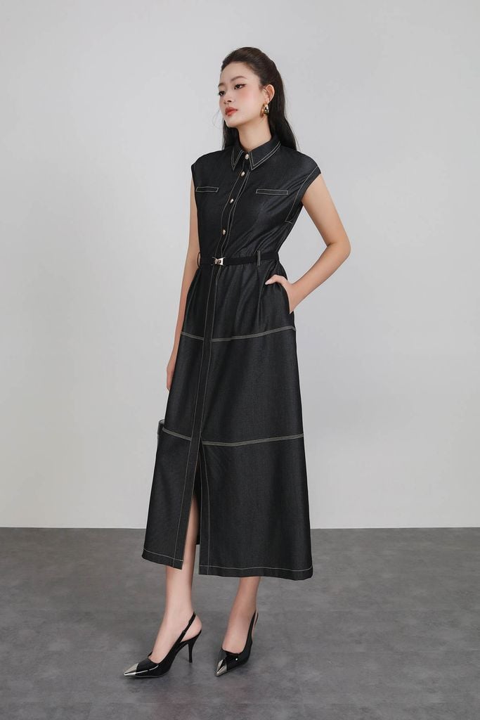 FDC35312 - Đầm công sở vải demin dáng ôm cổ đức tay chờm thân váy phối đường viền chỉ cài khuy thân trước lưng bo chun co giãn - PANTIO