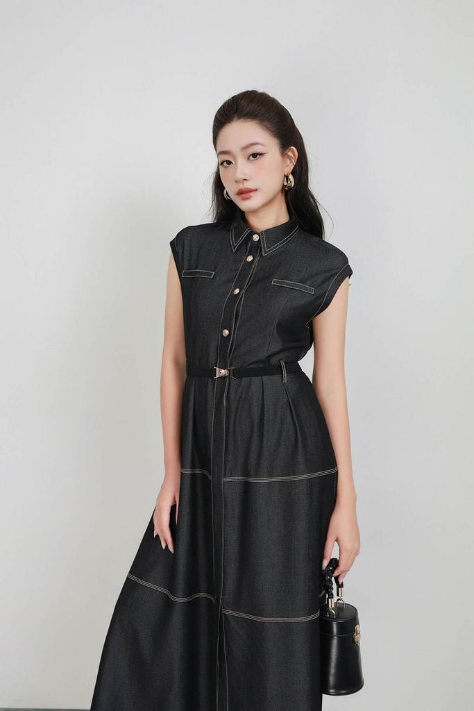 FDC35312 - Đầm công sở vải demin dáng ôm cổ đức tay chờm thân váy phối đường viền chỉ cài khuy thân trước lưng bo chun co giãn - PANTIO