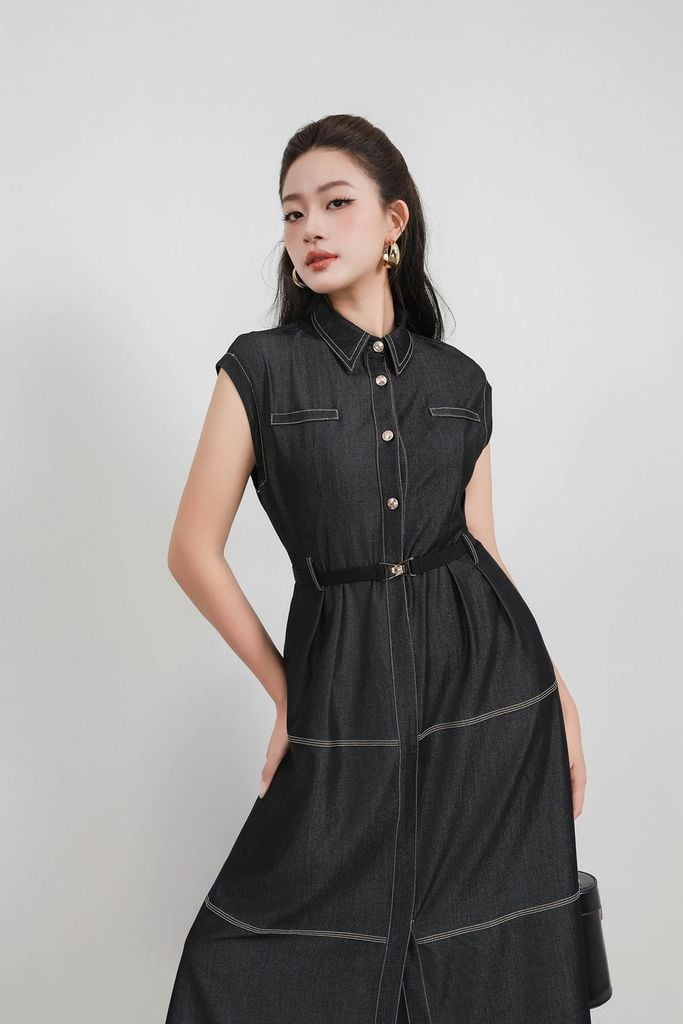 FDC35312 - Đầm công sở vải demin dáng ôm cổ đức tay chờm thân váy phối đường viền chỉ cài khuy thân trước lưng bo chun co giãn - PANTIO