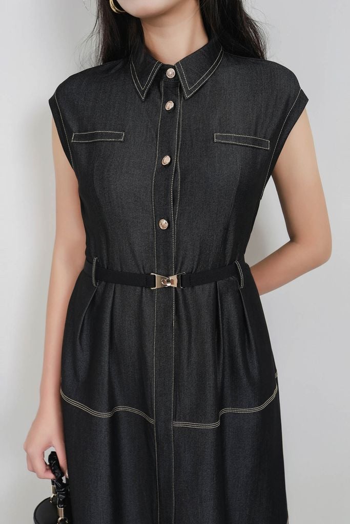 FDC35312 - Đầm công sở vải demin dáng ôm cổ đức tay chờm thân váy phối đường viền chỉ cài khuy thân trước lưng bo chun co giãn - PANTIO