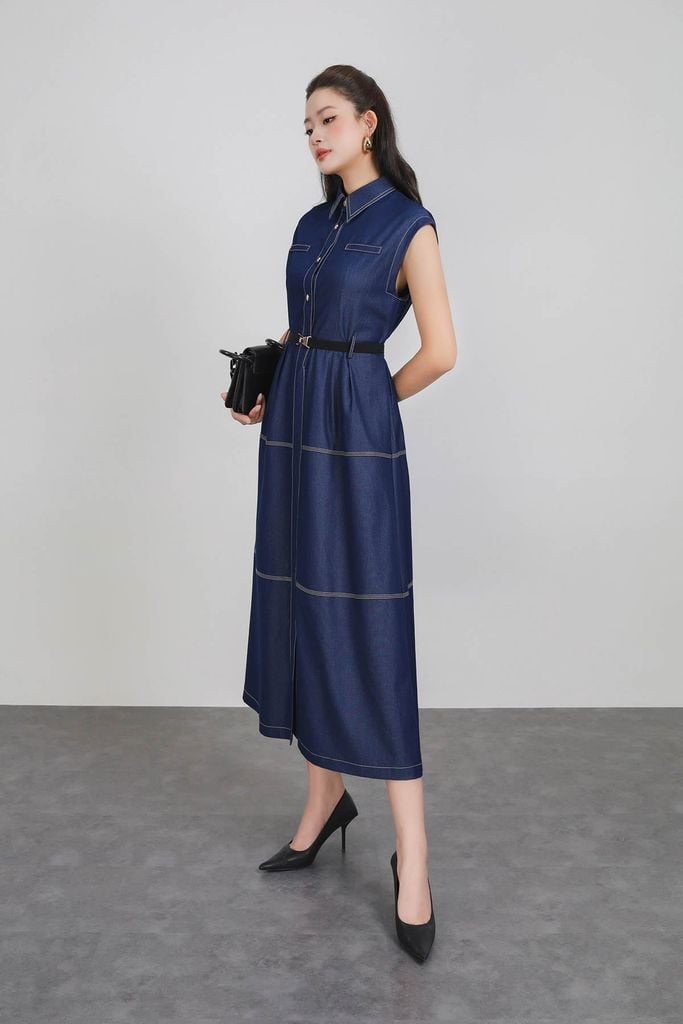 FDC35312 - Đầm công sở vải demin dáng ôm cổ đức tay chờm thân váy phối đường viền chỉ cài khuy thân trước lưng bo chun co giãn - PANTIO