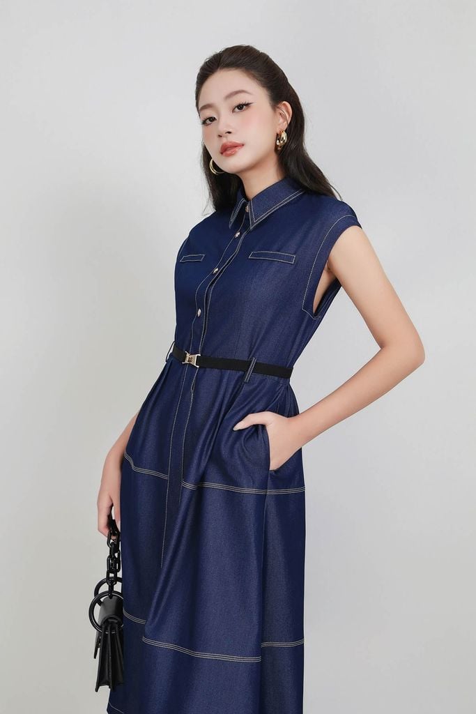 FDC35312 - Đầm công sở vải demin dáng ôm cổ đức tay chờm thân váy phối đường viền chỉ cài khuy thân trước lưng bo chun co giãn - PANTIO
