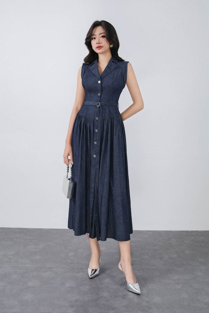 FDC35315 - Đầm công sở vải denim dáng ôm cổ hai ve không tay thân váy phối khuy tạo kiểu kèm dây đai thắt eo thời trang - PANTIO