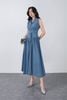 FDC35315 - Đầm công sở vải denim dáng ôm cổ hai ve không tay thân váy phối khuy tạo kiểu kèm dây đai thắt eo thời trang - PANTIO