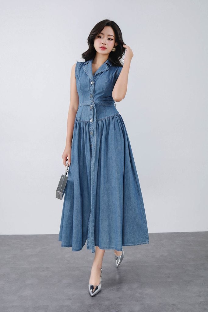 FDC35315 - Đầm công sở vải denim dáng ôm cổ hai ve không tay thân váy phối khuy tạo kiểu kèm dây đai thắt eo thời trang - PANTIO