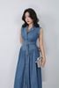 FDC35315 - Đầm công sở vải denim dáng ôm cổ hai ve không tay thân váy phối khuy tạo kiểu kèm dây đai thắt eo thời trang - PANTIO
