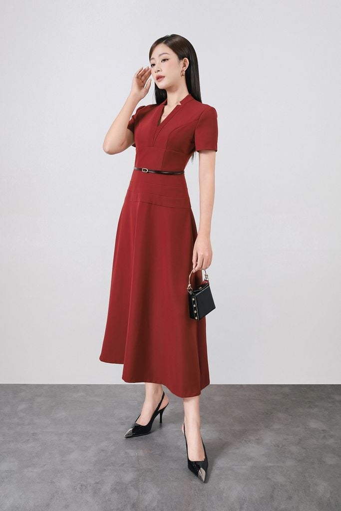 FDC35323 - Đầm công sở vải thô dáng A cổ xẻ V tay ngắn thân váy phối đường viền tạo kiểu khoá thân sau ( không kèm đai ) - PANTIO