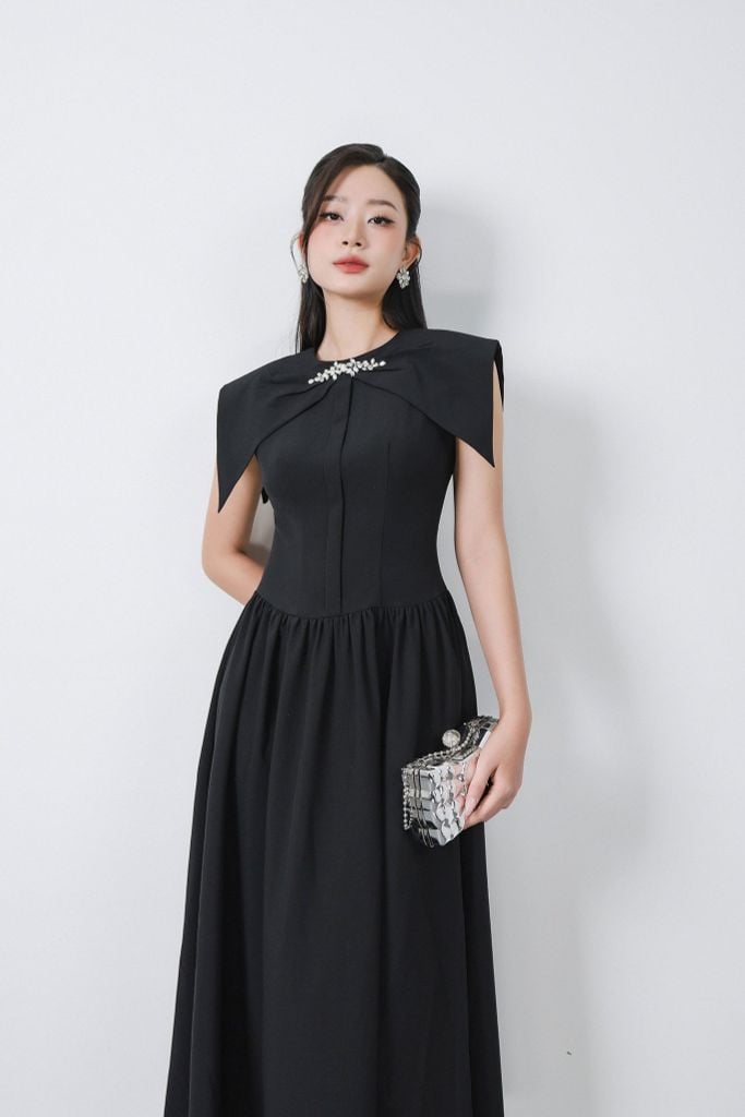 FDC35326 - Đầm công sở vải thô đũi dáng xoè cổ tròn đính đá cao cấp vai chờm eo váy xếp nhún tạo xoè khoá thân sau - PANTIO