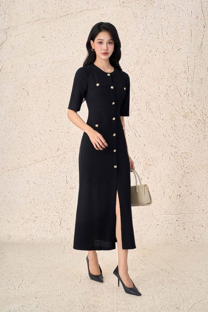 FDC35341 - Đầm công sở vải thô chun dáng ôm cổ tròn tay lửng thân váy có túi đính khuy đá tạo kiểu xẻ tà trước - PANTIO