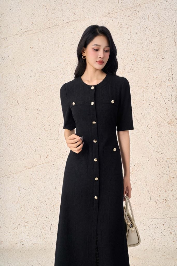 FDC35341 - Đầm công sở vải thô chun dáng ôm cổ tròn tay lửng thân váy có túi đính khuy đá tạo kiểu xẻ tà trước - PANTIO