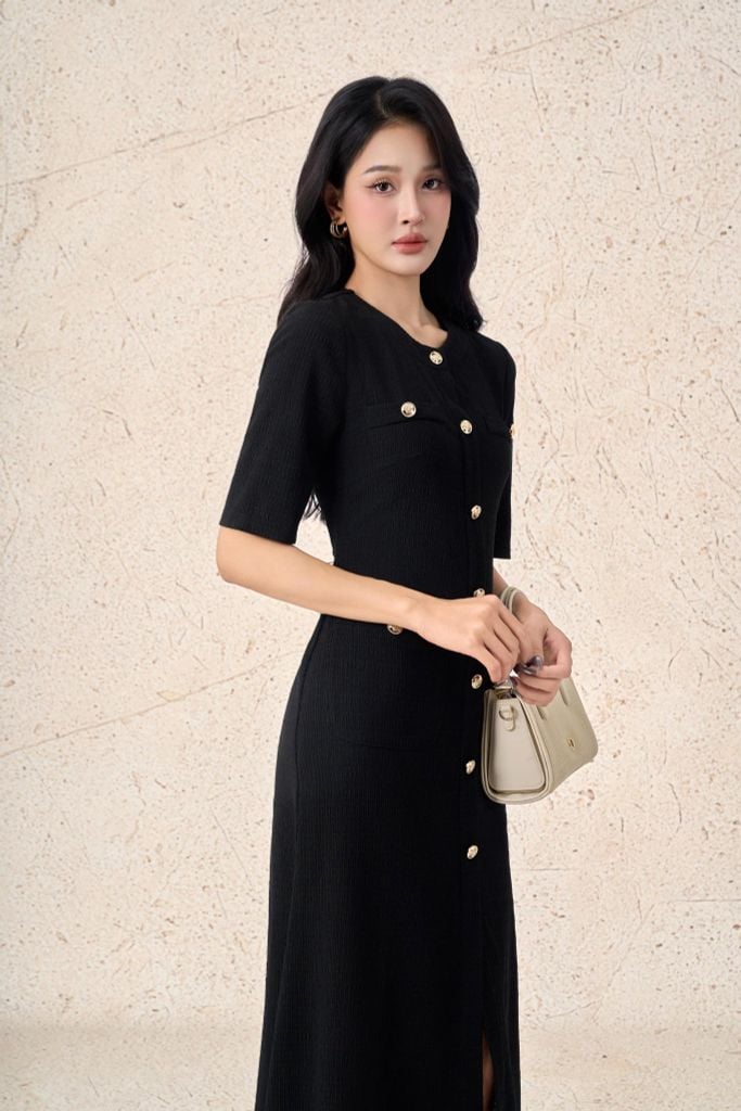 FDC35341 - Đầm công sở vải thô chun dáng ôm cổ tròn tay lửng thân váy có túi đính khuy đá tạo kiểu xẻ tà trước - PANTIO